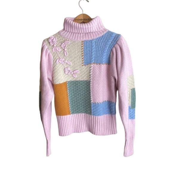 LoveShackFancy Allan Appliquéd Patchwork Knitted  Turtleneck Sweater - Picture 2 of 16